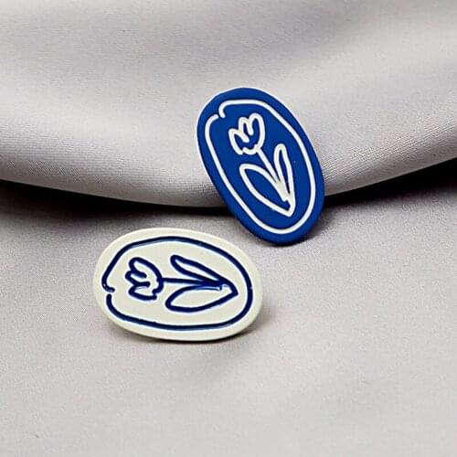 Flowers Silver Pin Shape Earrings For Women Retro French Asymmetrical Colored Geometric Oval Girl Earrings Fashion