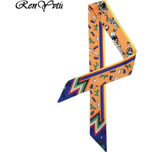 Twill Silk Kerchief Two-sided Scarf Women Fashion Horse Head Scarves Geometric Check Print Neck Wraps 85*5cm Handle Ribbons