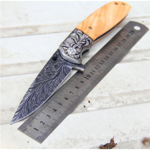 Folding Blade Knife High Hardness Blade Wood Handle Camping Knife Outdoor Stainless Steel Knives Feather Blade Folding Knife