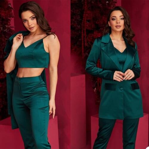 Dark Green Ladies Long Blazer Suits Women Business Wide Pants Suit Leisure Club Party Formal Outfit (Jacket+Pants)