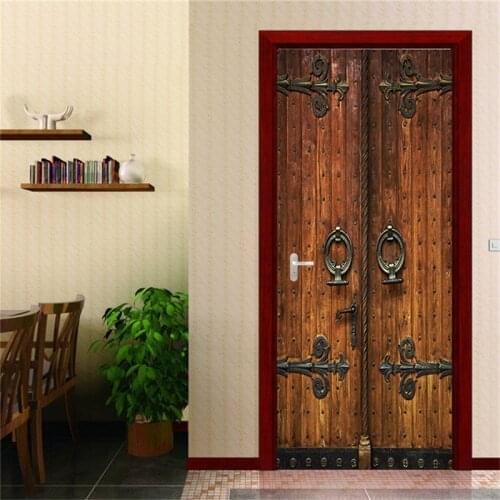 95*215cm Vintage Wooden Door Sticker Living Room Bedroom Decoration PVC Waterproof Self-adhesive Removable Wallpaper Mural Decal