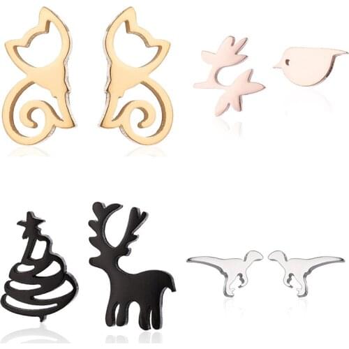 Christmas Deer Stainless Earrings Animal Cat Bird Dinosaur Stud Earrings Women Fashion Jewelry Ear Stud Earring boucle d'oreille
