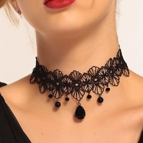 DUTRIEUX Women Black Lace& Beads Choker Pendant Punk Steampunk Style Gothic Collar Necklace Party Personality Jewelry Gift