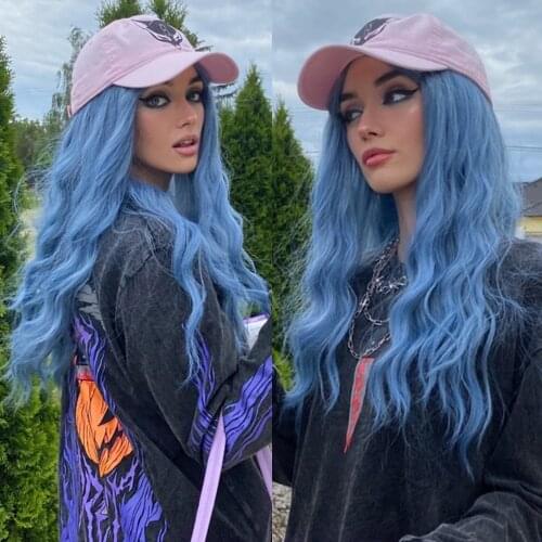 HENRY MARGU Blue Long Water Wave Colored Synthetic Wigs for Women Afro with Bangs Cosplay Party Daily Natural Heat Resistant Wig