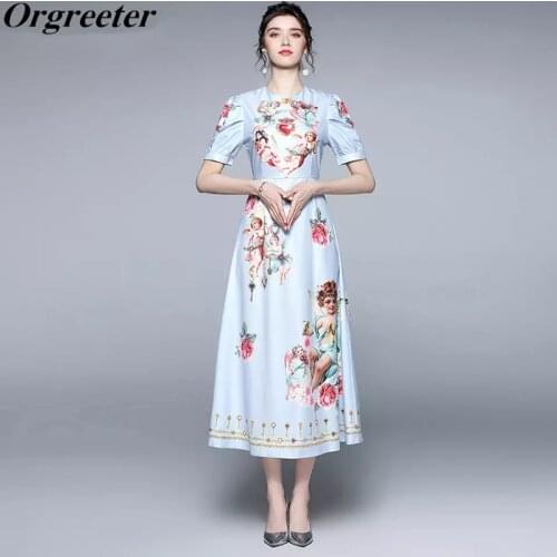 2021 Summer Runway Long Maxi Dress Womens O-neck Ruched Puff sleeve Angel Floral Print Dress Robe Female Casual Vestidos