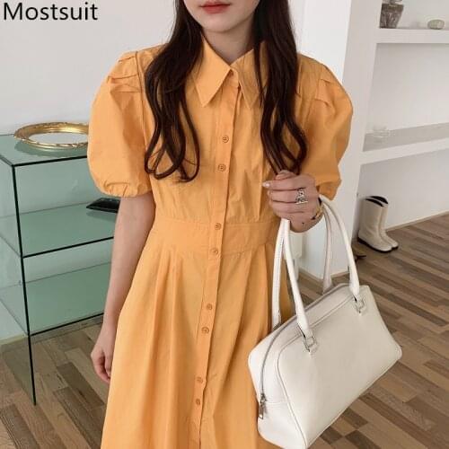 Korean Solid Women Long Dress Women Summer Puff Sleeve Turn-down Collar Single Breasted Shirt Dresses Fashion Vintage Vestidos