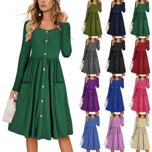 COLDKER ladis casual dress round neck long sleeves dress female mid-calf solid loose style for women plus size clothing
