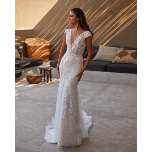 Sexy Mermaid Wedding Dresses Lace With Embroidery Elegant Strapless Puff Sleeve Bride Dresses Appliques With Plus Size Train