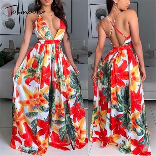 Tobinoone Backless Dress Spaghetti Strap Vintage Dress Women V Neck Floral Print Sleeveless Maxi Dress Streetwear Vestidos