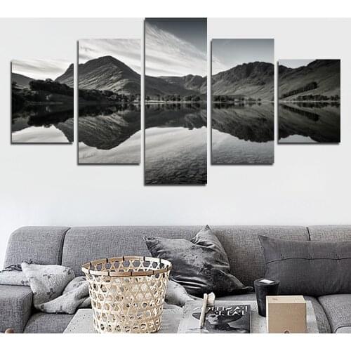 5pcs Decorative Canvas Painting Black And White Scenery Mountains And Rivers Can Be Customized Irregular High-definition Poster