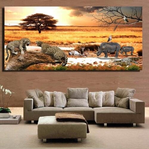 African Elephant and leopard On The Wall Classical Sunset Landscape Wall Art full diamond painting diamond embroidery Home Decor