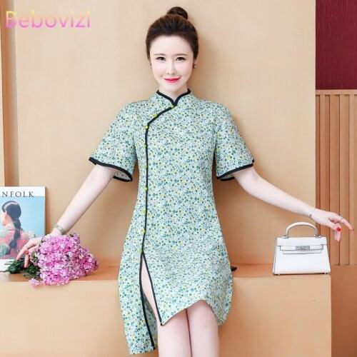 Bebovizi Plus Size M-4XL 3XL Chinese Style Elegant Green Short Sleeve A-line Midi Dress Summer Cheongsam Dresses for Woman Qipao