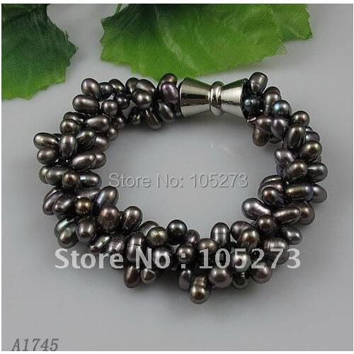 Baroque pearl bracelet 8inchs AA5-6MM Black color Genuine fresh water pearl bracelet 3rows magnet clasp free shipping A1745