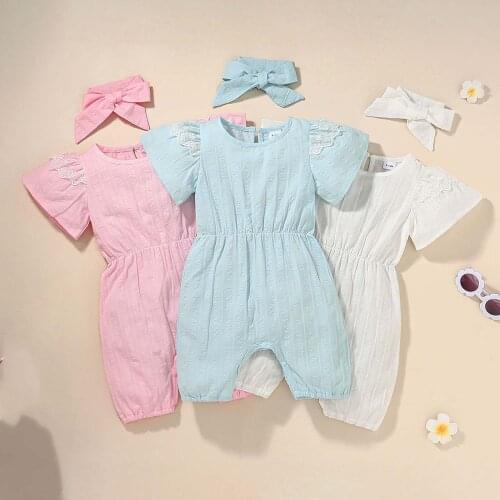 0-12 Months Toddler Kids Baby Girls Clothes Fashion Cute Solid Color Short Sleeve Jumpsuit + Headwear Barboteuse Bébé Fille