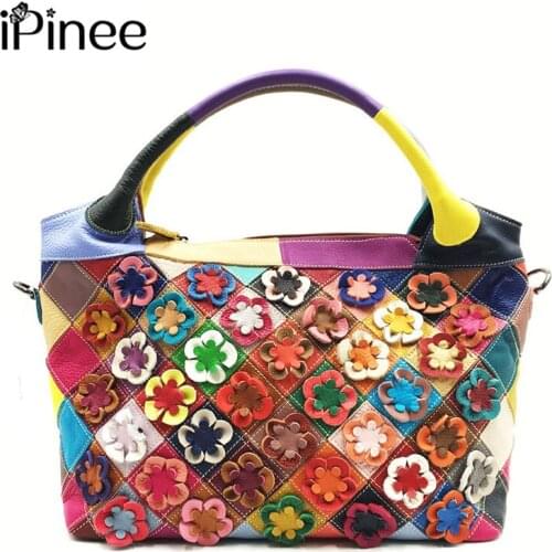 IPinee Womens Flowers Bags Patchwork Top-handle Bags womens bag genuine leather handbags designer shoulder bags female