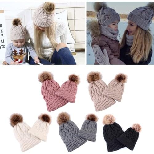 2Pcs Mother Kid Hats Warm Winter Knit Beanie Caps Mom Baby Crochet Hats