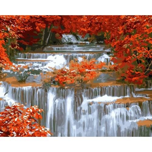 MaHuaf-i051 nature river red tree landscape coloring by numbers digital oil paintings on canvas wall decorations for living room