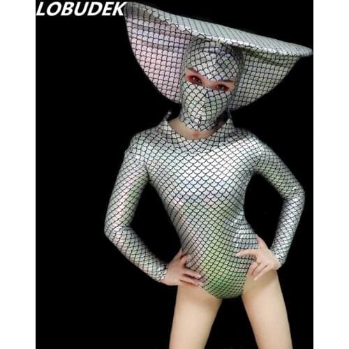 Laser Fish Scale Mermaid Bodysuit Mask Big Round Headdress Bar Club Women Costume Party Show Dance Team Performance Stage Outfit