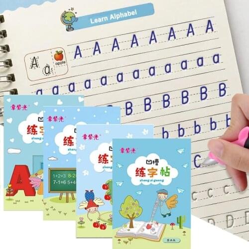 New 4 Pcs of Childrens Magic Books Reusable 3D Calligraphy Copybook Learn Books English,Math,Drawing Magic Practice Copybooks
