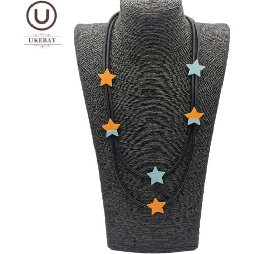 UKEBAY New Splicing Star Pendant Necklace Women Wooden Jewelry Female Statement Necklaces Rubber Sweater Chain For Party Jewelry