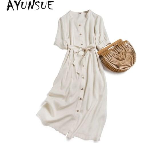 AYUNSUE Fashion Woman Dress 2021 Korean Silk Shirt Dress Elegant Vintage Spring Summer Clothes V Neck Vestido De Mulher KJ7146