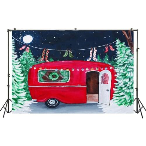 Christmas Backdrop Noel Party Banner Oil Painting Pine Trees Rustic Red Motor Homes Kids Photo Background Moon Snowflake Poster