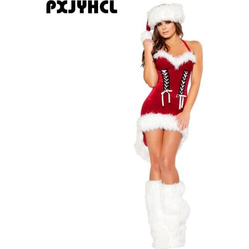 Christmas New Year Costume For Women Red Sexy Dress Adult Female Fancy Cosplay Dresses+Boot+Hat