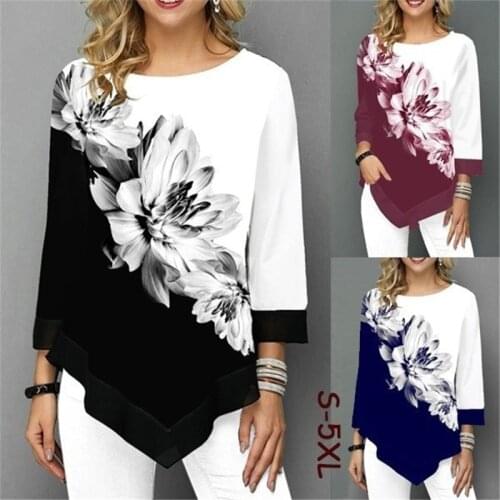 S-5XL Women T-Shirt Elegant Floral Print Loose Three Quarter Ladies Tee Shirts New Casual Female Irregular Autumn Tops Plus Size