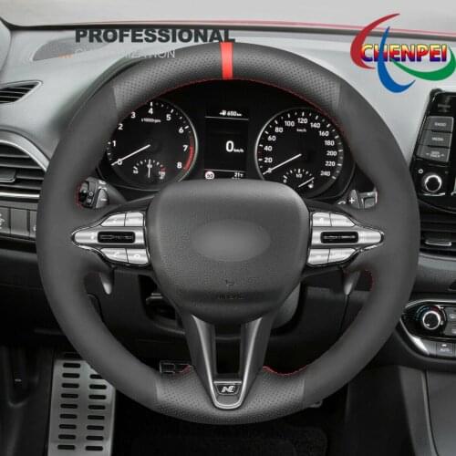DIY Hand-Sewn Black Suede Leather Car Steering Wheel Cover For Hyundai Veloster N / i30N Car Interior Accessories