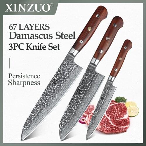 XINZUO 3PCS Pro Kitchen Knives Set Damascus Stainless Steel Cook Cutlery Chef Santoku Utility Paring Knife Cutter Knife