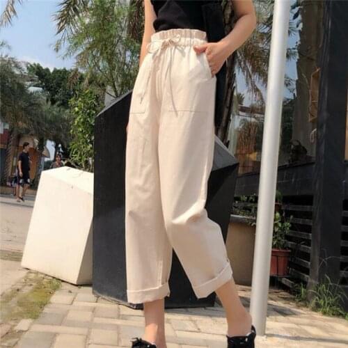 Womens Loose Pants With Pockets Fashion Ladies Elastic Waist Ankle-Length Pants Women Casual Solid Color Harem Pants