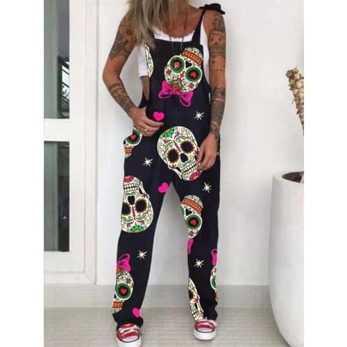 90s Vintage Skull Print Loose Jumpsuit Women Casual Short Sleeve Overalls Romper Elegant Summer Womens Clothing 2021 Playsuits