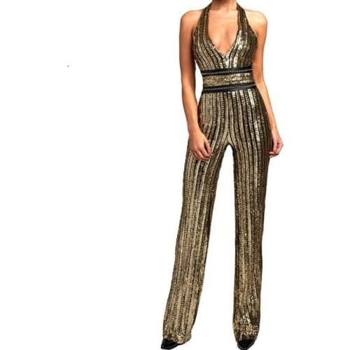 Womens Jumpsuit Sexy Bodycon Sequined Long Hollow Out Strappy Bodysuit V-neck Halter Party Jumpsuits Ladies Backless Overalls