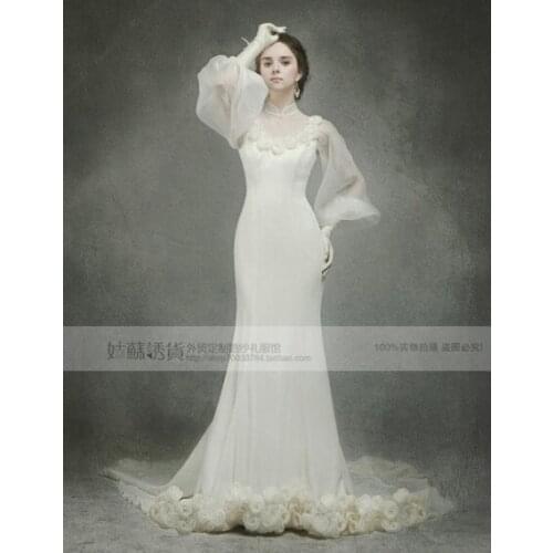 2018 fashion bride long vestidos formal high neck long sleeve bridal gown flowers custom mermaid mother of the bride dresses