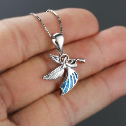 Cute Girl Angel Wing Engagement Necklace Dainty Female Blue Opal Pendant Necklace Classic Silver Color Chain Necklaces For Women