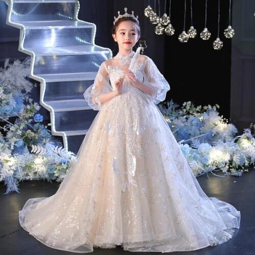 High-End Children Sequines Trailing Evening Gown Kids Catwalk Show Birthday Party Wedding Princess Dresses For Girls L1172