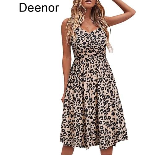 Deenor Womens Dress Summer Sexy Leopard Print V-neck Ladies Polka for Femela Solid Color Halter Dress Boho Beach Holiday Dress
