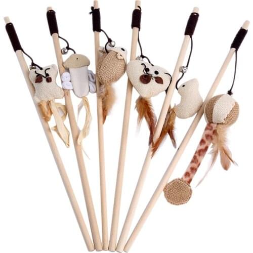 1Pc Cartoon Pet Cat Teaser Toys Feather Wood Rod Mouse Toy With Mini Bell Cat Catcher Teaser Wooden Stick Cat Interactive Toys