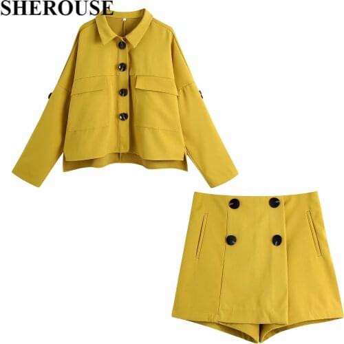 2021 New Women 2 Pieces Set Button Long Sleeve Turn-Down Collar Shirt Shorts Suit Chic Lady Fashion Casual Women Clothes