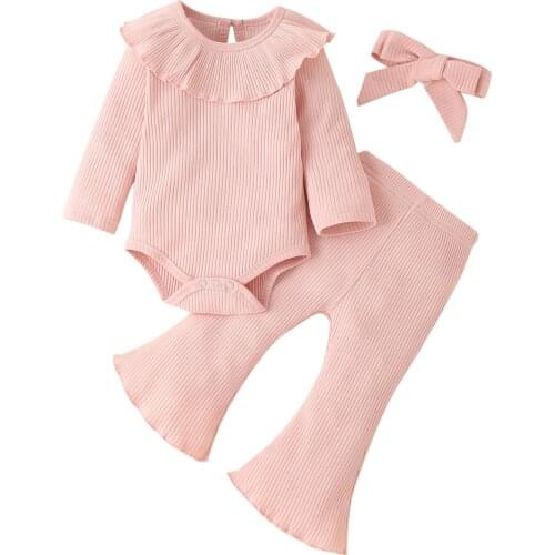 Newborn Baby Girl Clothes 3Pcs Knitted Cotton Sets Solid Color Ruffle Shoulder Long Sleeve Romper Flared Pants Headband 0-24M