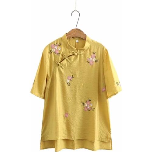 Plus size Short sleeve stand collar Embroidery plate buckle women shirts 2021 summer NEW casual ladies loose blouse female