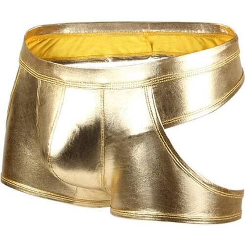 Sexy Men U Convex Pouch Boxer Underwear Pu Faux Leather Open Crotch Gay Wear Low Rise Boxer Cool Male Stage Wear Plus Size F15