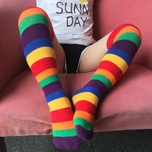 Breathable Cotton Girls stockings kids knee socks boys long socks children pile socks baby socks rainbow striped 3 to 12 yrs