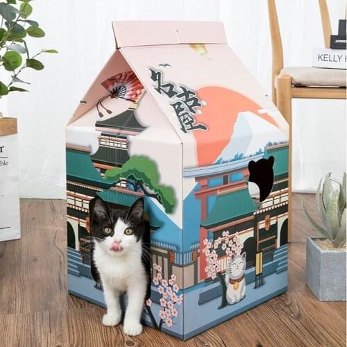 Corrugated Papper Milk Box Cat House Breathe Scratcher Cardboard Kitten Bed Toys Cute Three-dimensional Pet Cat House Supplies