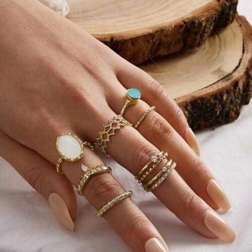 HuaTang 7pcs Bohemia Blue Oval Opal Finger Rings Set for Women Geometric Crystal Crown Knuckle Rings Female Jewelry Anillos Gift