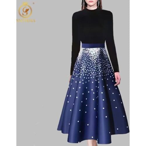 New Autumn And Winter Full Sleeve Black Slim Knitting Sweater Tops Two Piece Sets + High waist Fashion Print Long Skirt Suit