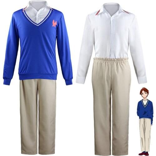 Anime Cosplay Costume WONDER EGG PRIORITY Sawaki Momoe Uniform Suit Campus Style Blue Knitted Top Wig