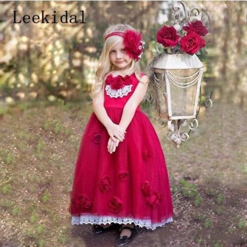 Red Long Flower Girl Dresses With Lace Crew Sleeveless Handmade Flower Girls Pageant Gowns For Wedding Kids Birthday Party Dress