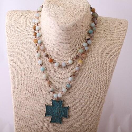 MOODPC Fashion Bohemian Tribal Artisan Jewelry Rosary Chain Amazonite Stones with Cross horsehead charm pendant Necklace