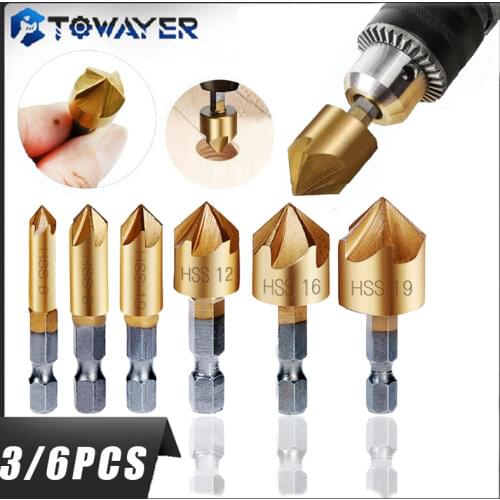 3/6 Pcs Countersink Drill Bit Set 1/4'' Hex Shank HSS 5 Flute Countersink 90 Degree Wood Chamfering Cutter Chamfer 6mm-19mm